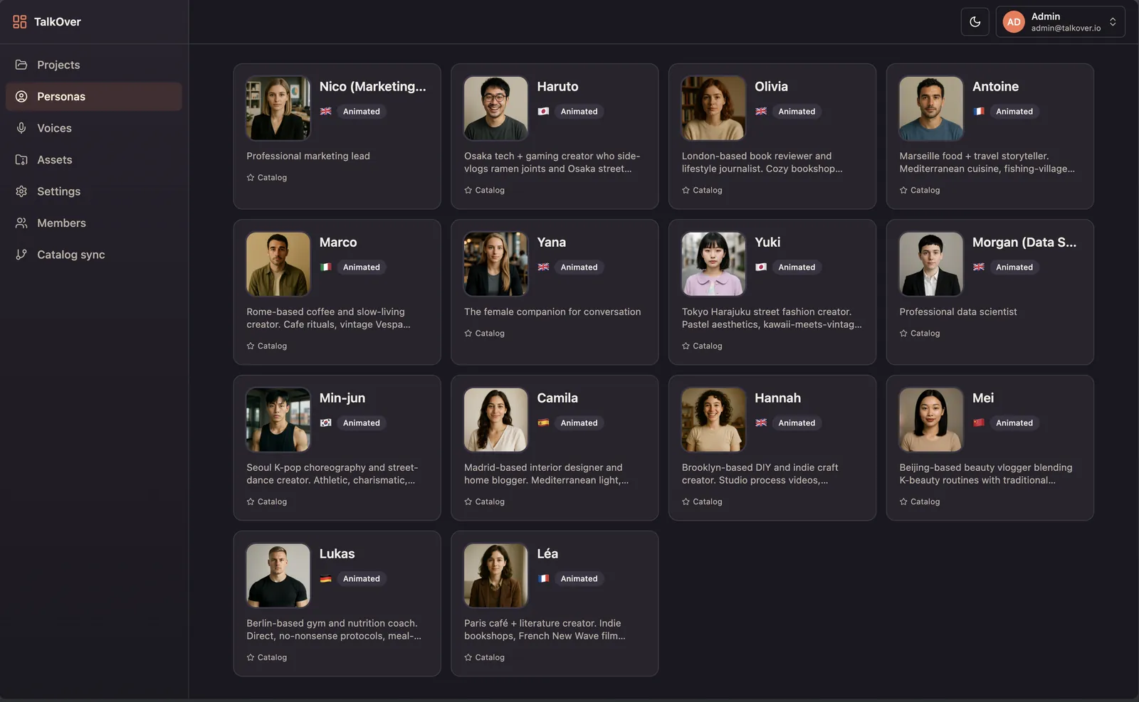 TalkOver avatar selection screen