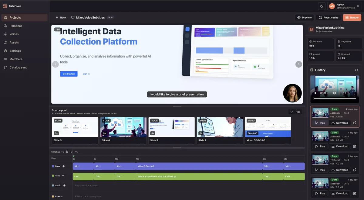 TalkOver editor showing avatar overlay on a timeline