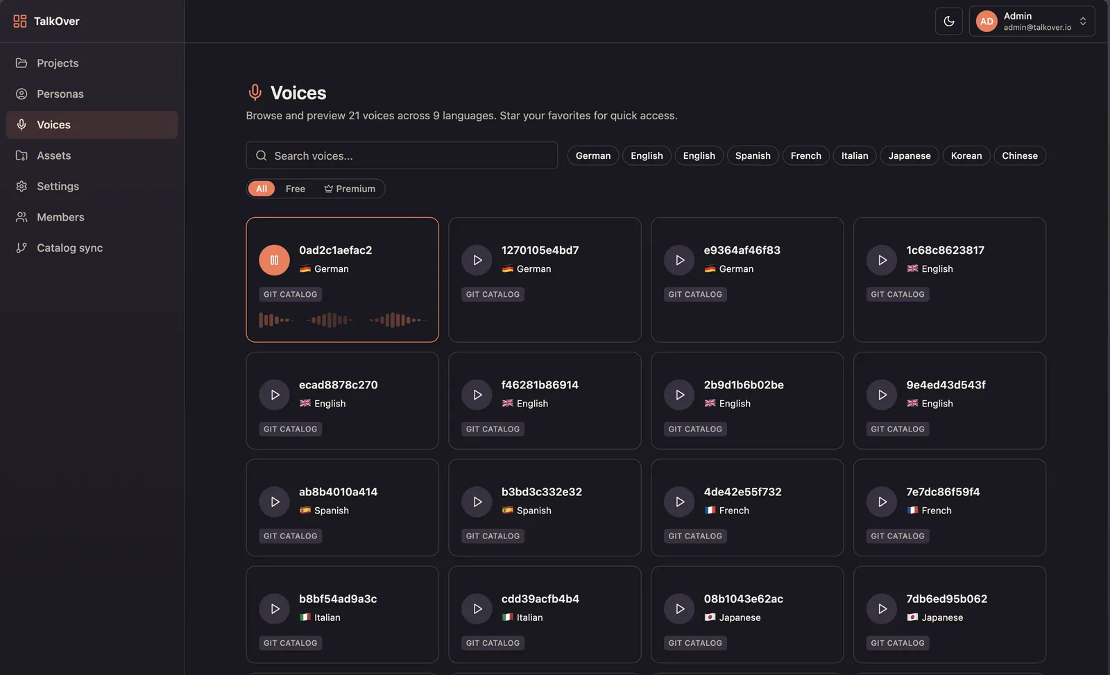TalkOver voice and language selection screen